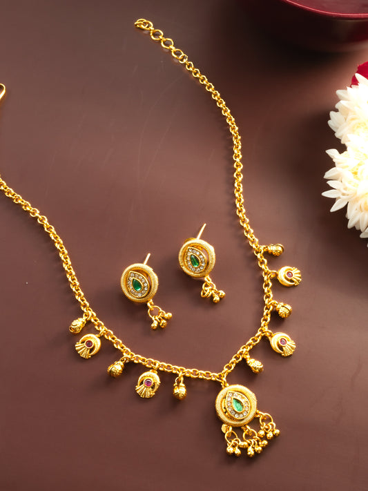 Aadita Gold-Plated Teardrop Stone Necklace Set for Women | Green & Pink Ethnic Jewellery with Earrings | Bridal & Festive Wear