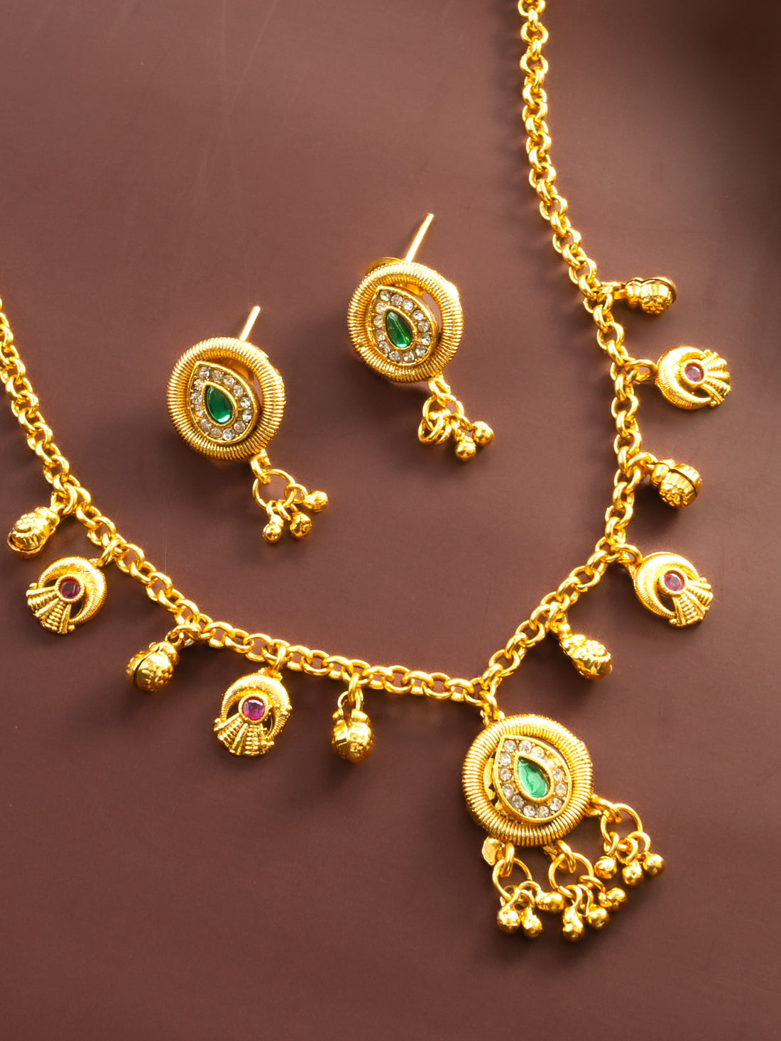 Gold-Plated Teardrop Necklace, Green & Pink, Festive & Bridal Wear