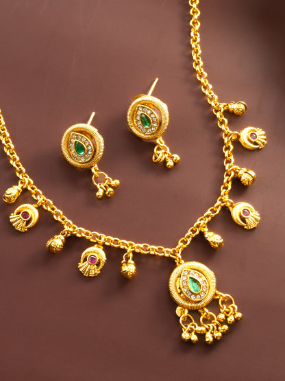 Aadita Gold-Plated Teardrop Stone Necklace Set for Women | Green & Pink Ethnic Jewellery with Earrings | Bridal & Festive Wear