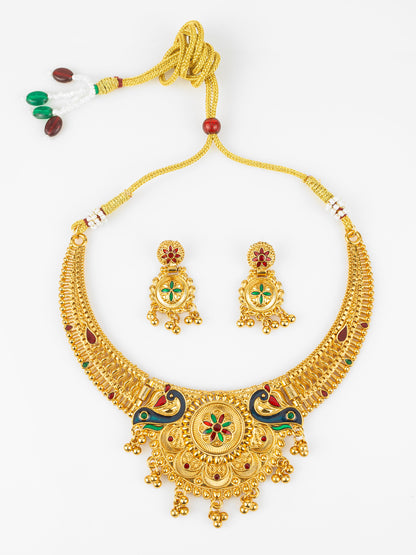 Aadita Gold-Plated Temple Peacock Necklace Set for Women | Traditional Bridal Jewellery with Earrings | Antique South Indian Design