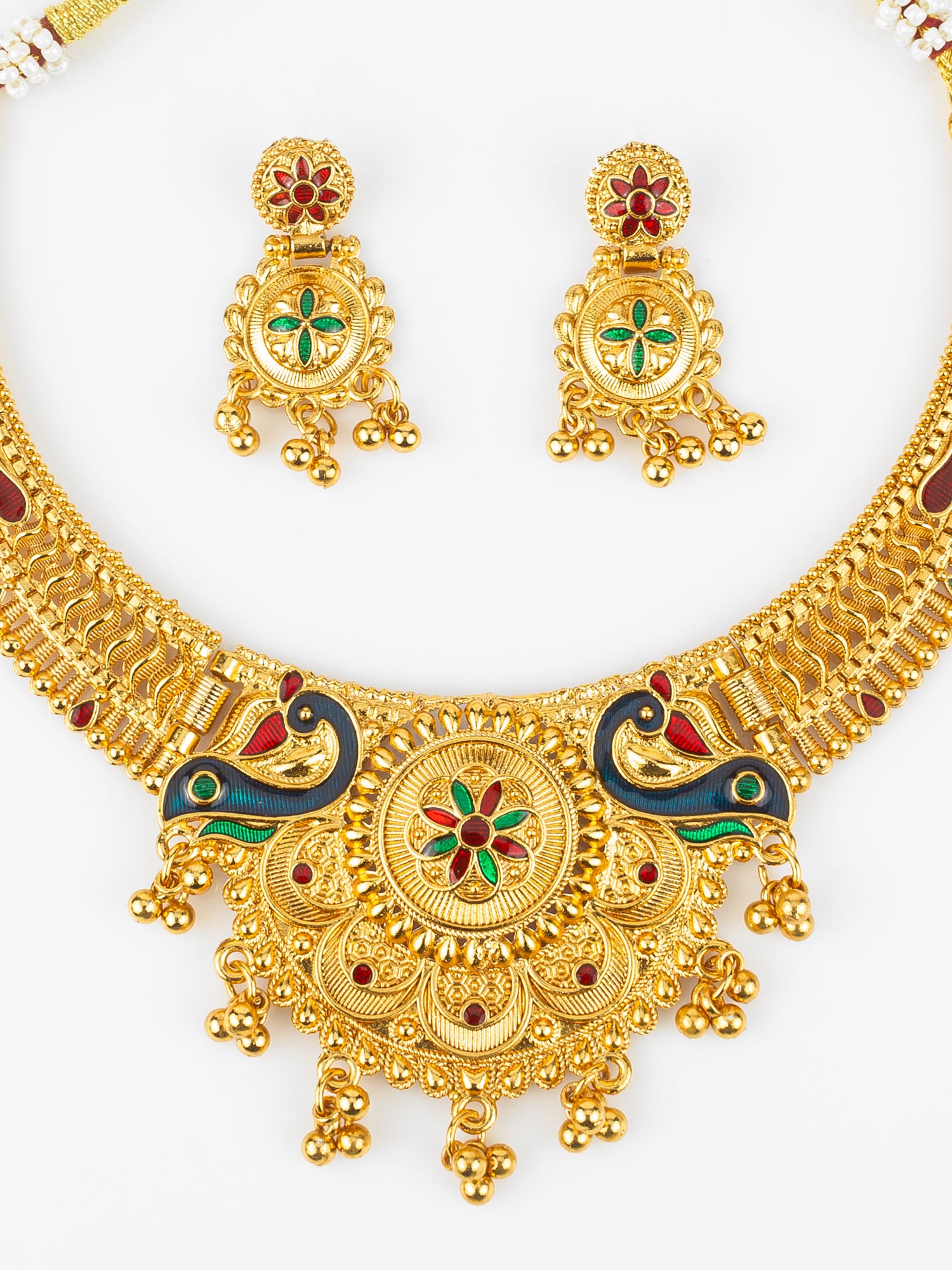 Aadita Gold-Plated Temple Peacock Necklace Set for Women | Traditional Bridal Jewellery with Earrings | Antique South Indian Design
