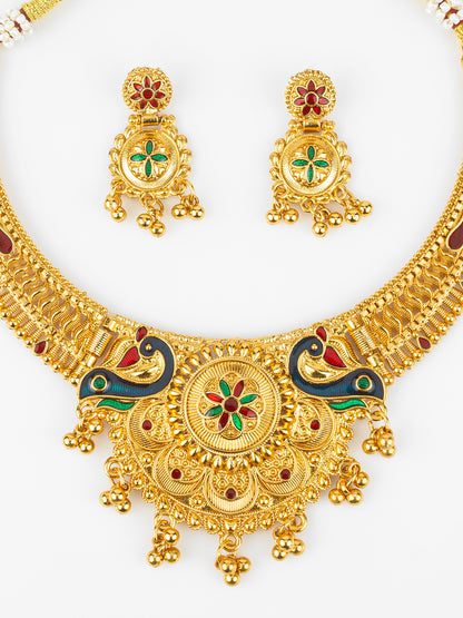 Aadita Gold-Plated Temple Peacock Necklace Set for Women | Traditional Bridal Jewellery with Earrings | Antique South Indian Design