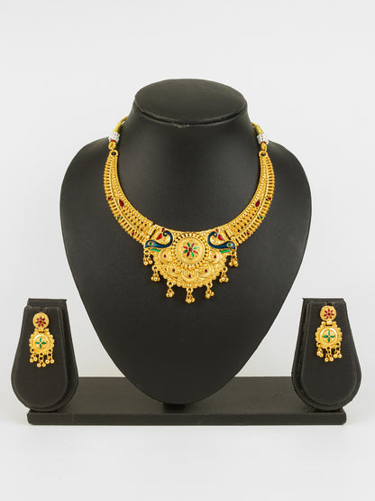 Aadita Gold-Plated Temple Peacock Necklace Set for Women | Traditional Bridal Jewellery with Earrings | Antique South Indian Design
