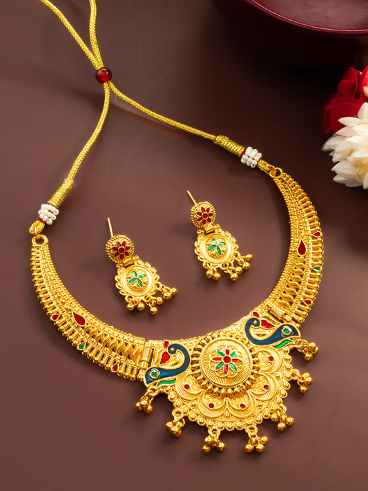 Aadita Gold-Plated Temple Peacock Necklace Set for Women | Traditional Bridal Jewellery with Earrings | Antique South Indian Design