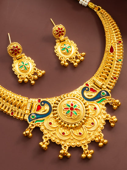Aadita Gold-Plated Temple Peacock Necklace Set for Women | Traditional Bridal Jewellery with Earrings | Antique South Indian Design