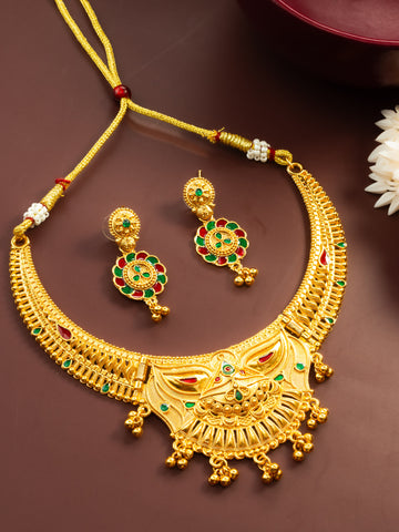 Aadita Gold-Plated Temple Necklace Set for Women | Bridal Peacock Jewellery | Traditional Design