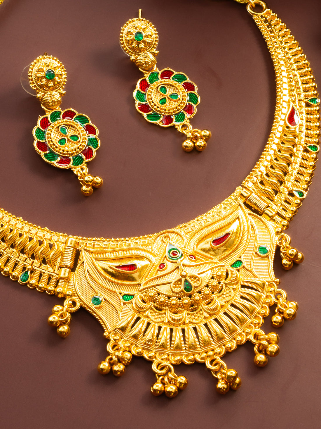 Gold-Plated Temple Necklace Set, Bridal Peacock Traditional Design