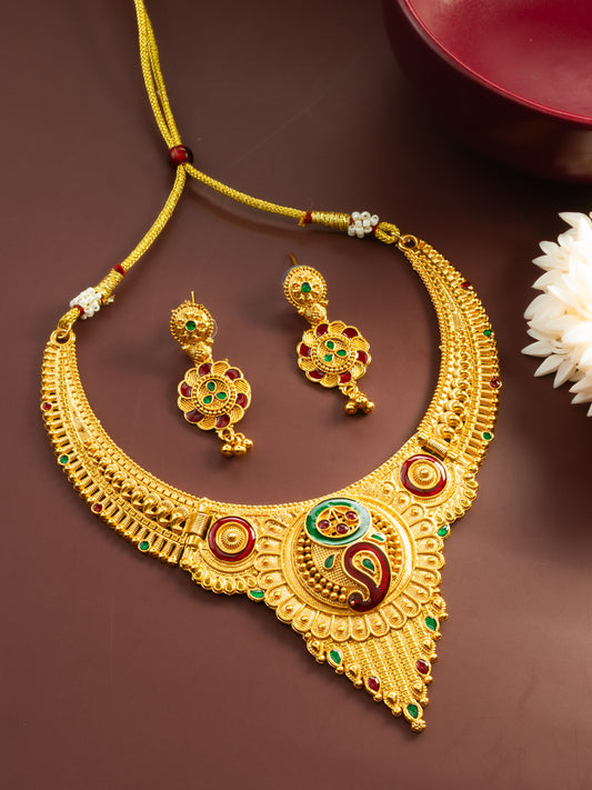 Aadita Gold-Plated Temple Necklace Set for Women | South Indian Bridal Jewellery | Antique Design