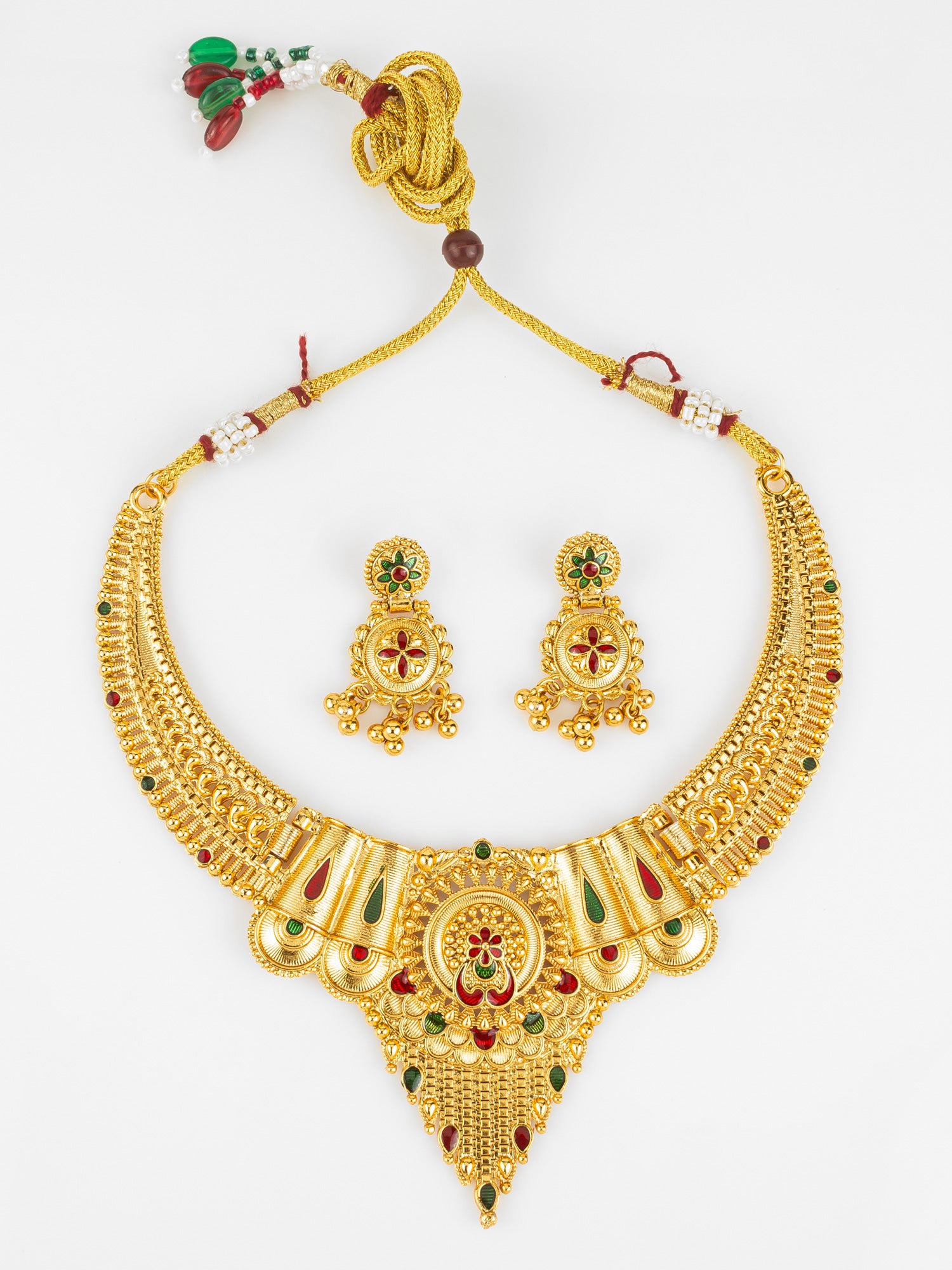 Aadita South Indian Gold-Plated Necklace Set | Traditional Bridal Temple Jewellery with Earrings