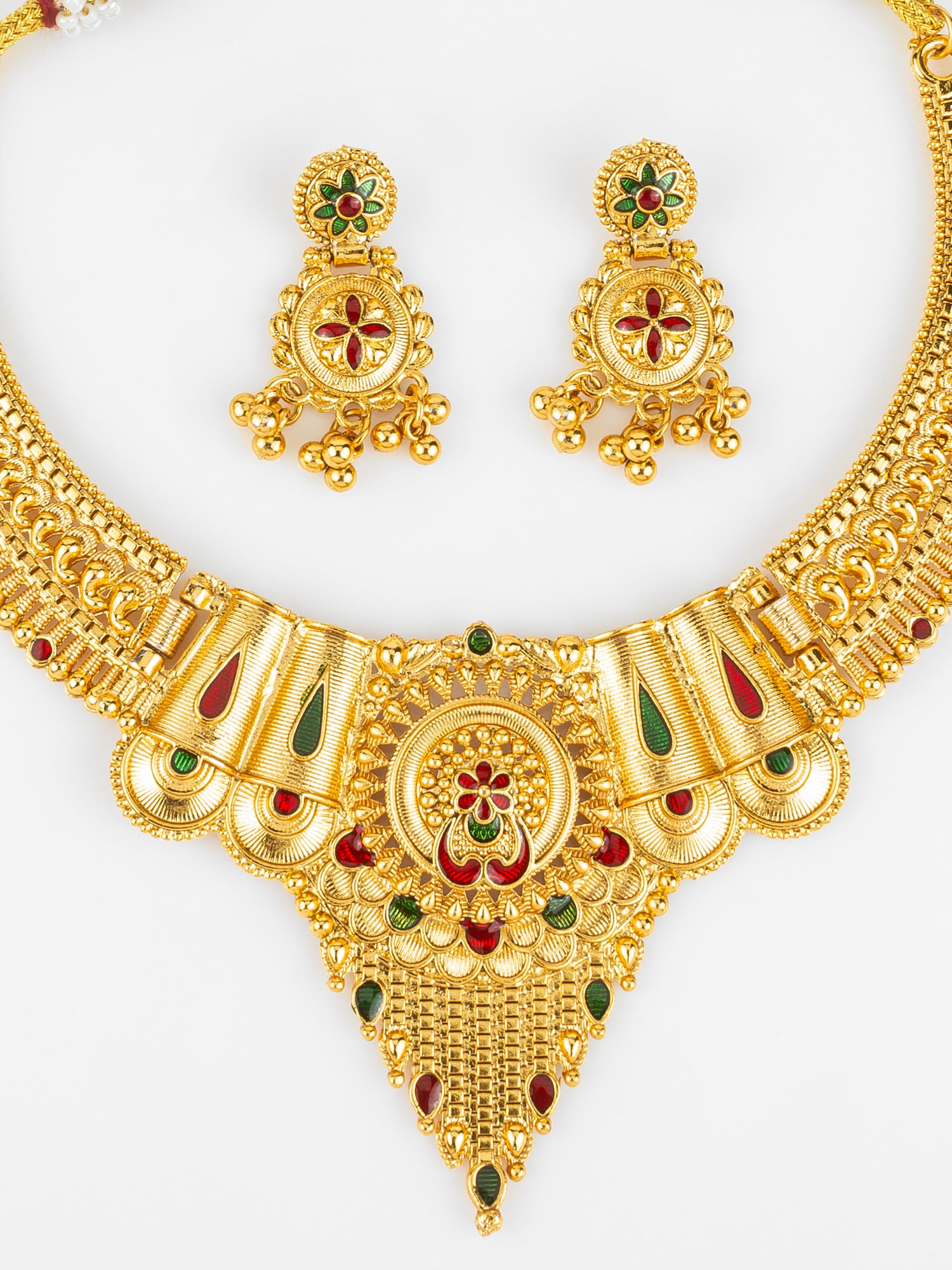 Aadita South Indian Gold-Plated Necklace Set | Traditional Bridal Temple Jewellery with Earrings