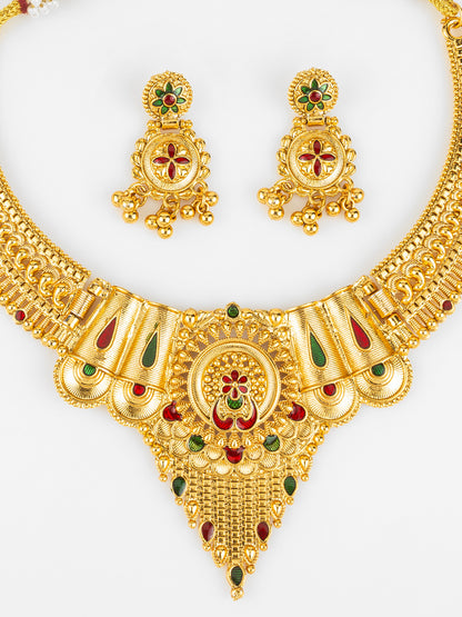 Aadita South Indian Gold-Plated Necklace Set | Traditional Bridal Temple Jewellery with Earrings