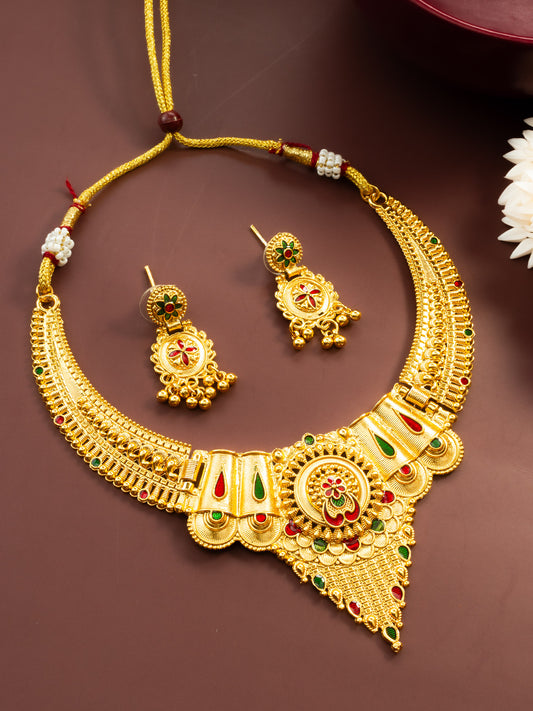 Aadita South Indian Gold-Plated Necklace Set | Traditional Bridal Temple Jewellery with Earrings