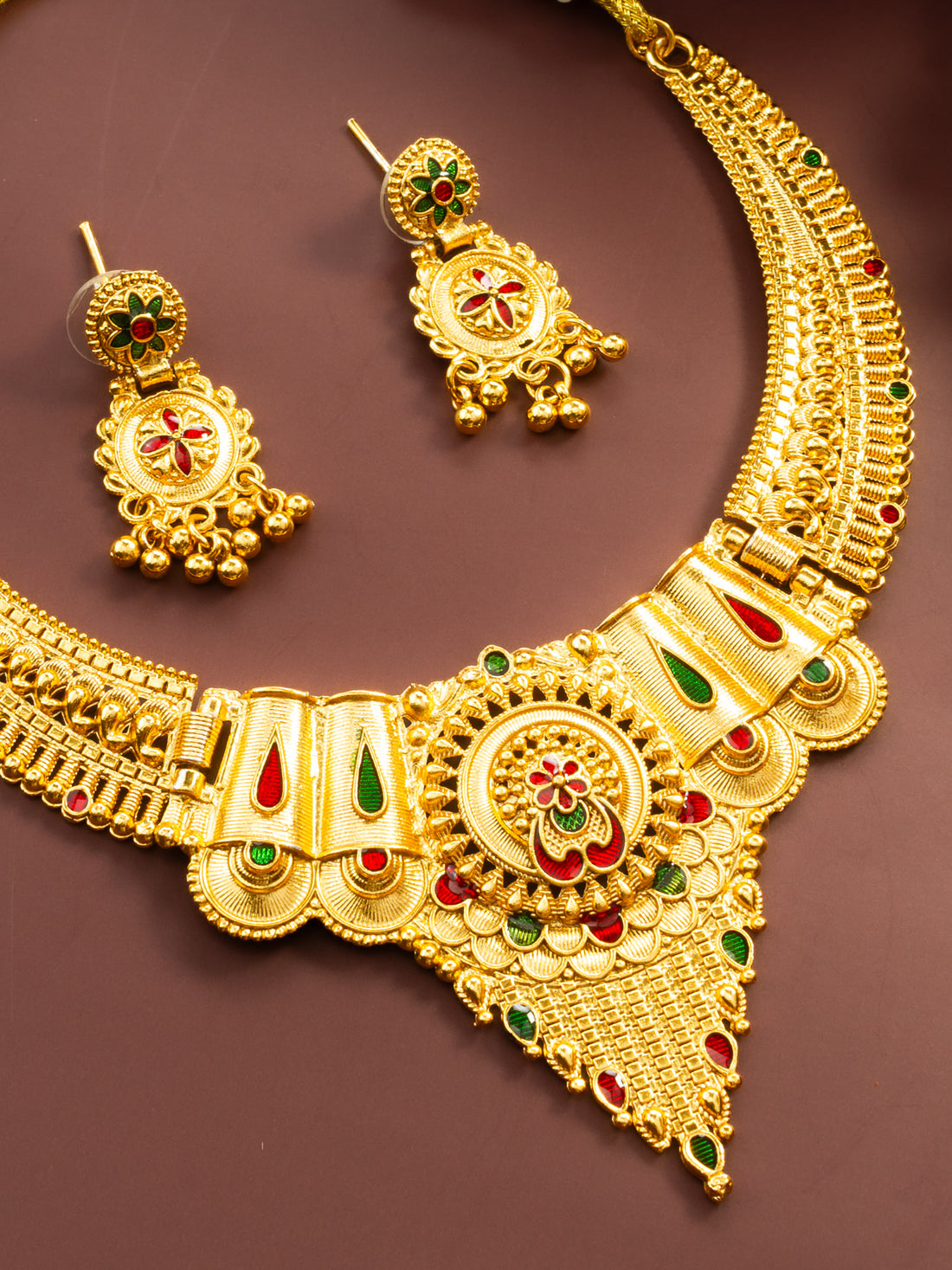 South Indian Gold-Plated Necklace Set, Traditional Bridal Temple Style