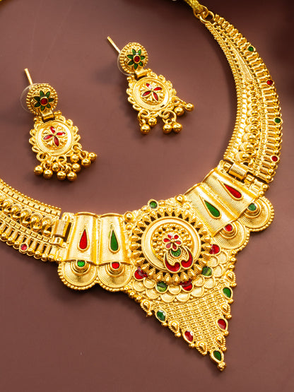 Aadita South Indian Gold-Plated Necklace Set | Traditional Bridal Temple Jewellery with Earrings