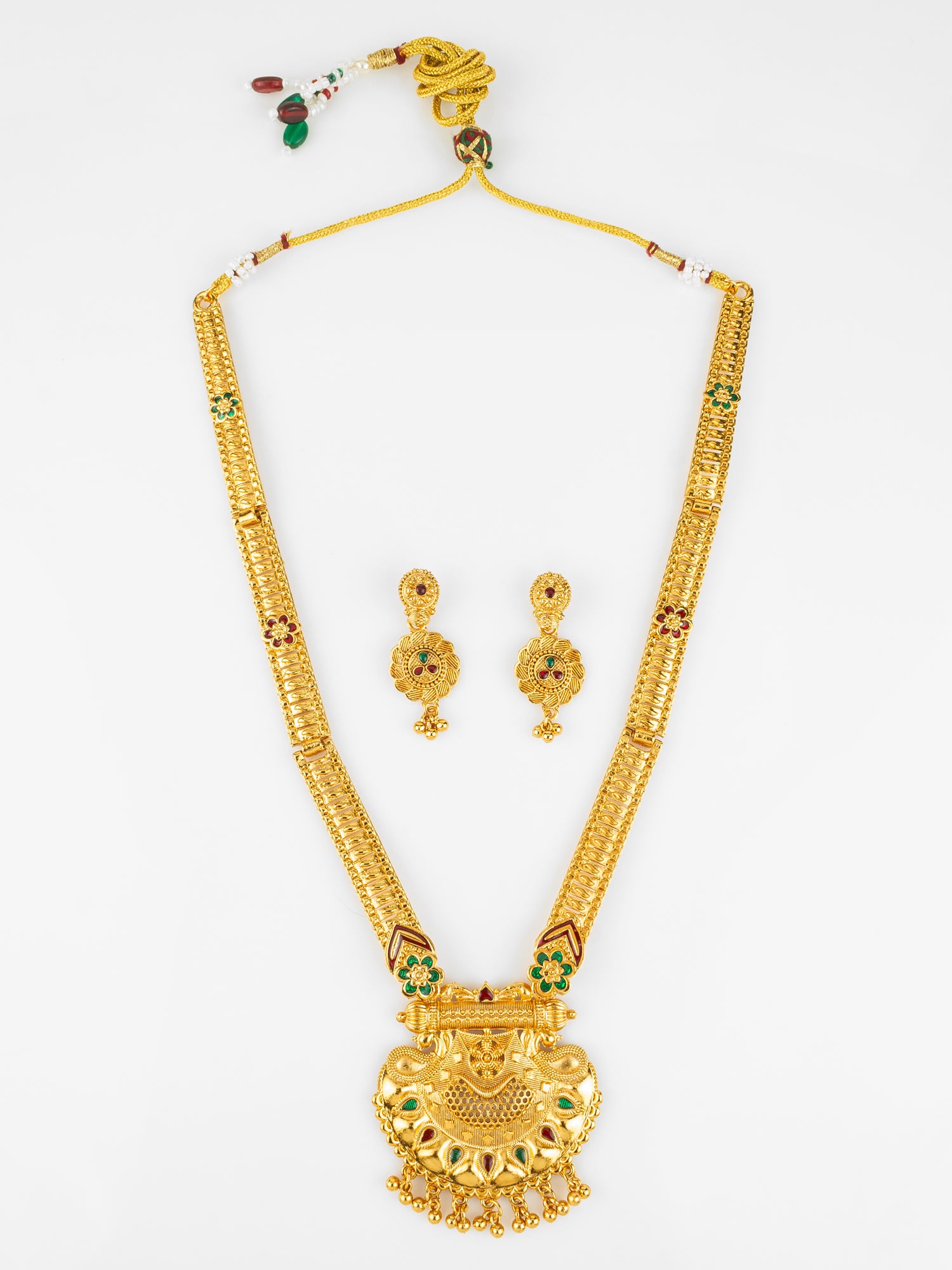 Aadita Gold Plated Traditional South Indian Long Necklace Set with Kemp Stones for Women