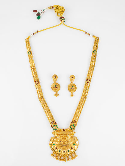 Aadita Gold Plated Traditional South Indian Long Necklace Set with Kemp Stones for Women