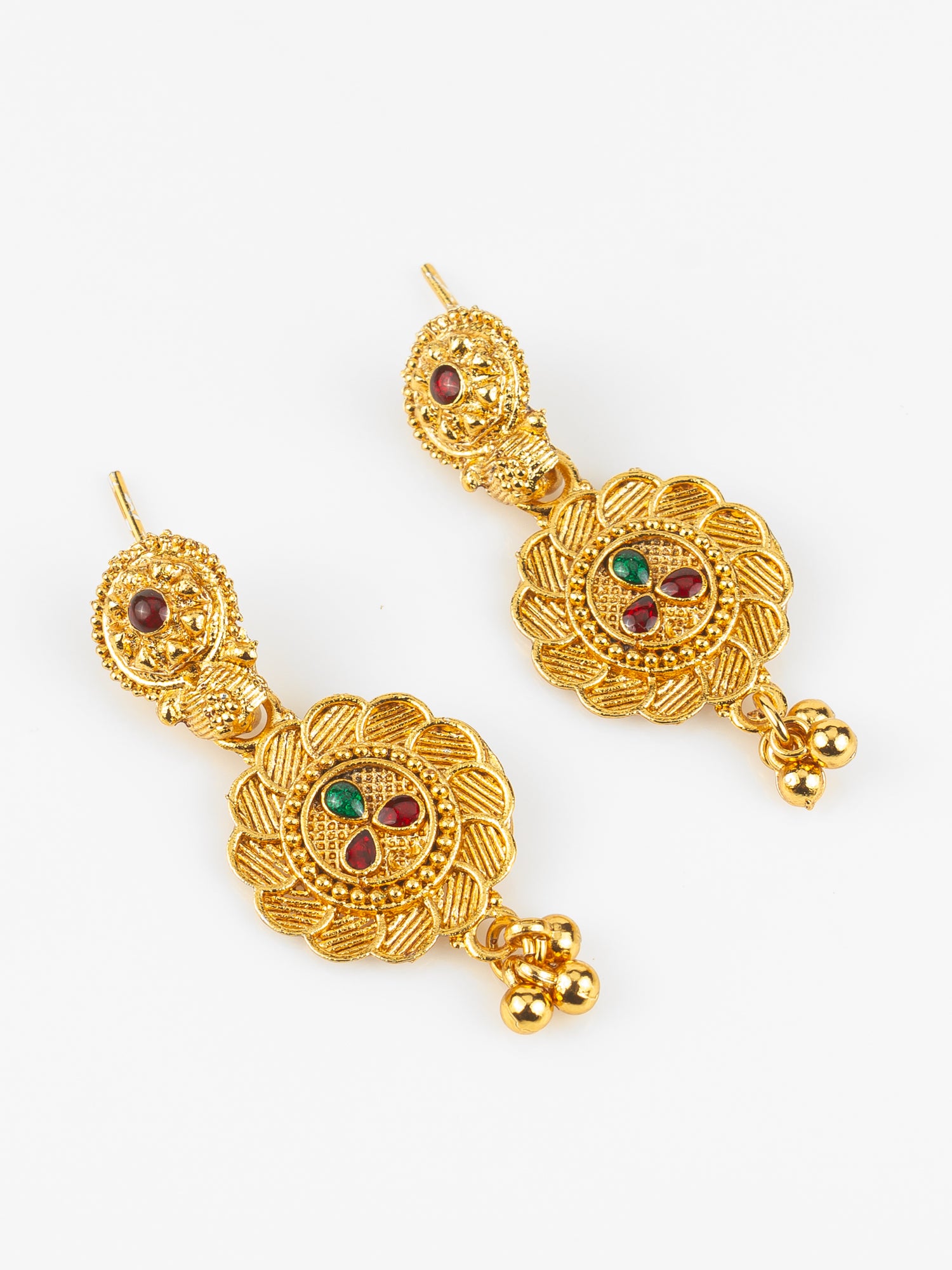 Aadita Gold Plated Traditional South Indian Long Necklace Set with Kemp Stones for Women