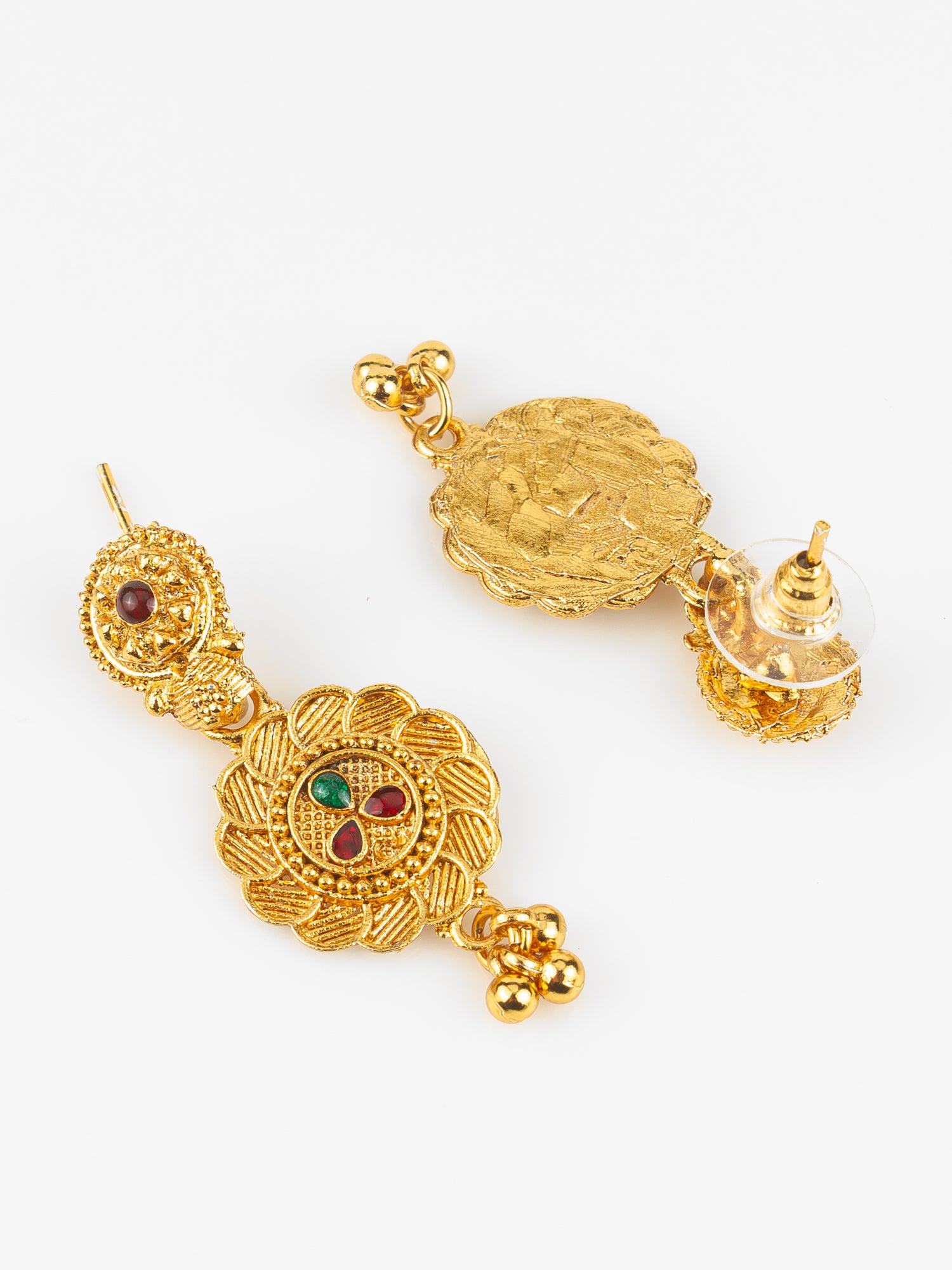 Aadita Gold Plated Traditional South Indian Long Necklace Set with Kemp Stones for Women