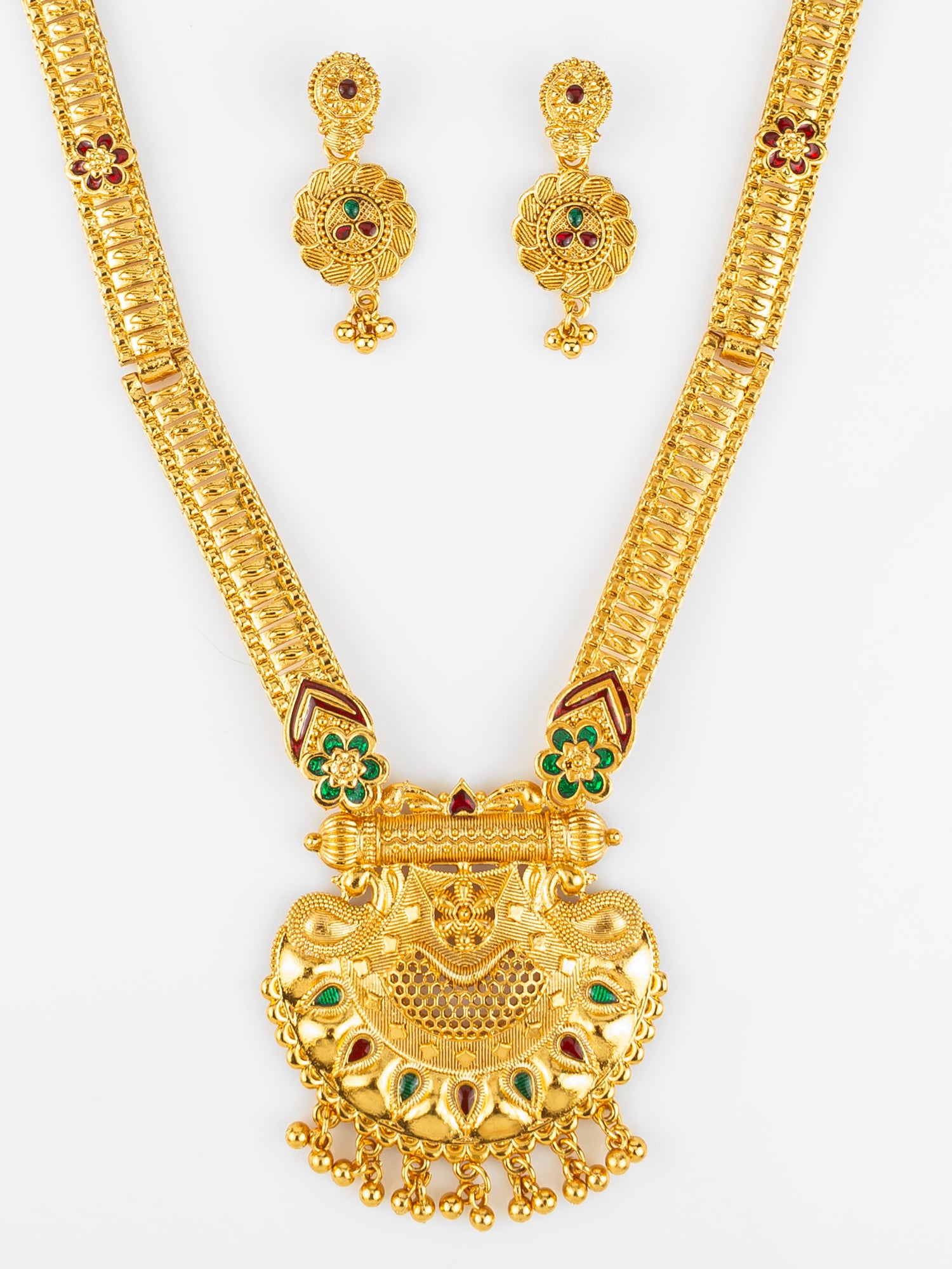 Aadita Gold Plated Traditional South Indian Long Necklace Set with Kemp Stones for Women