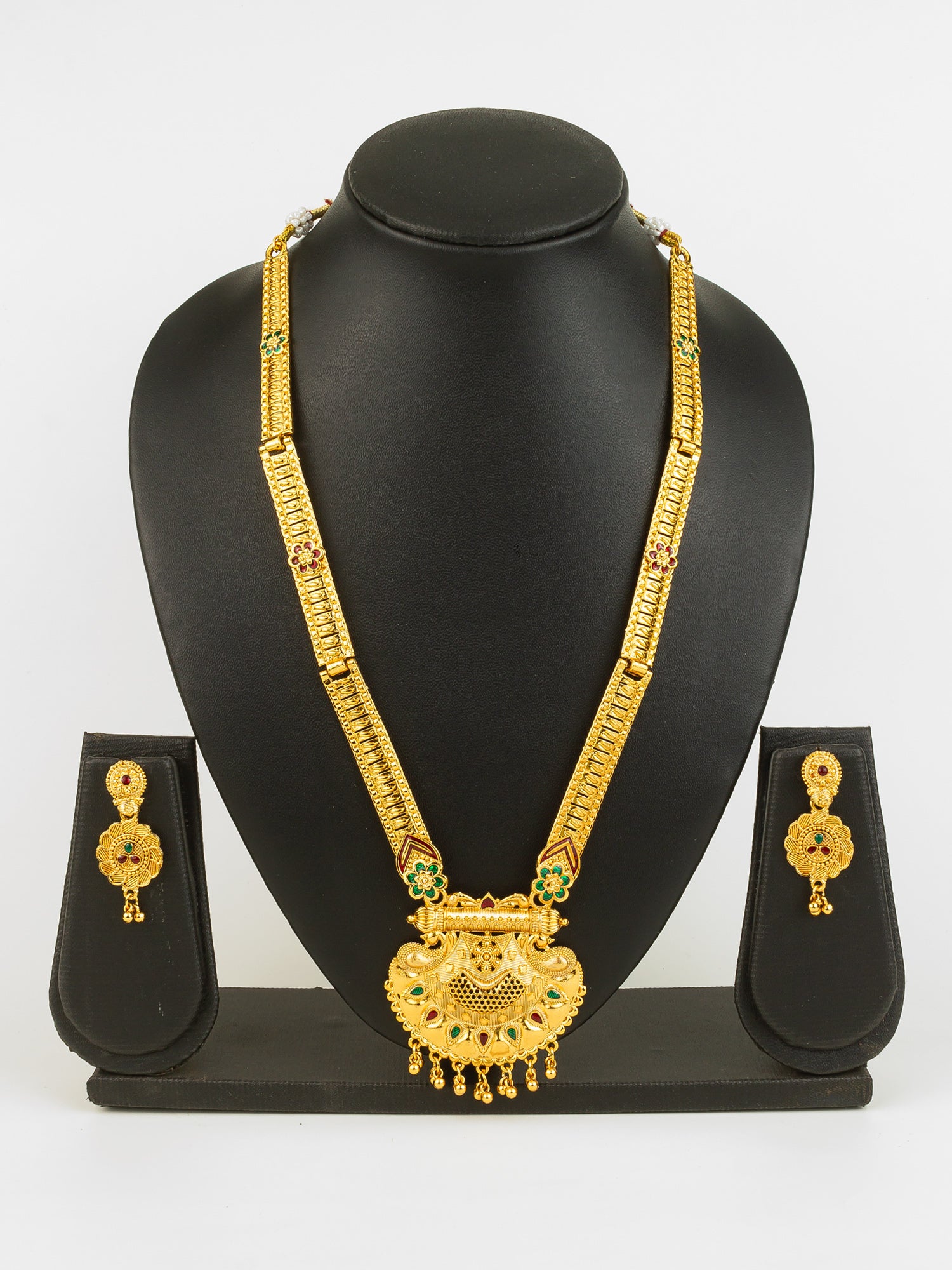 Aadita Gold Plated Traditional South Indian Long Necklace Set with Kemp Stones for Women