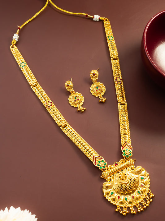 Aadita Gold Plated Traditional South Indian Long Necklace Set with Kemp Stones for Women