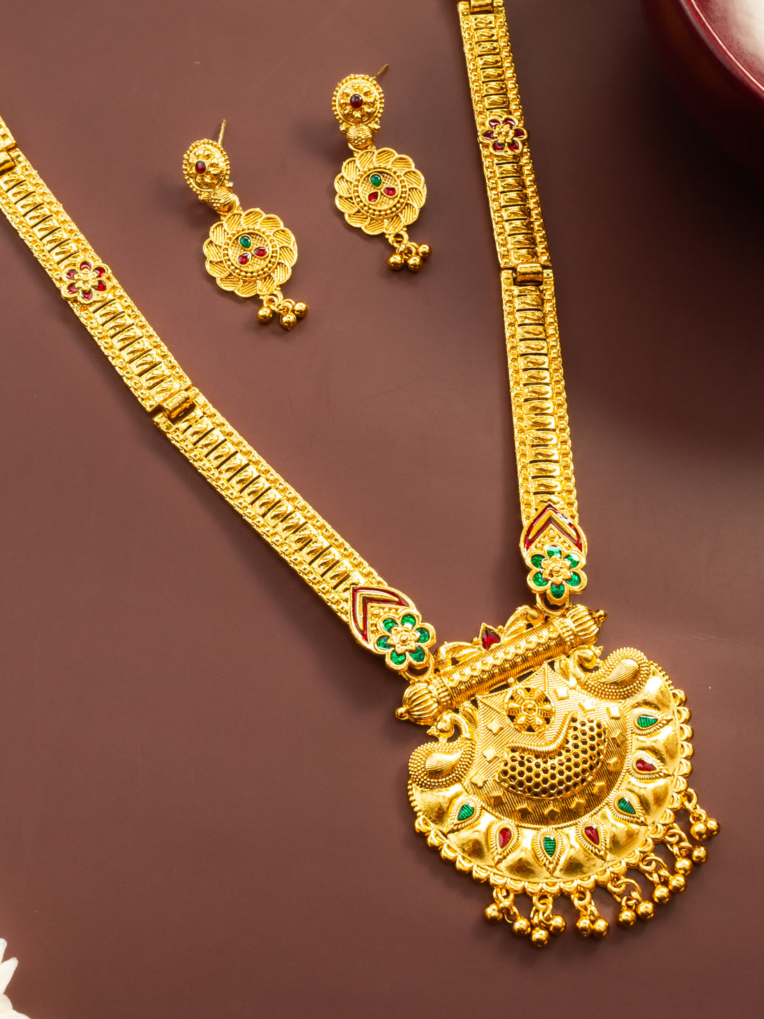 Gold Plated Traditional South Indian Long Necklace Set with Kemp Stones