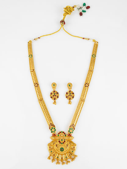 Aadita Gold Plated Traditional South Indian Long Necklace Set with Kemp Stones for Women