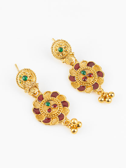 Aadita Gold Plated Traditional South Indian Long Necklace Set with Kemp Stones for Women