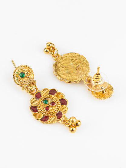 Aadita Gold Plated Traditional South Indian Long Necklace Set with Kemp Stones for Women