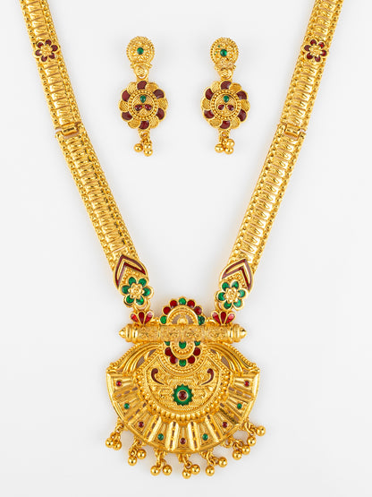 Aadita Gold Plated Traditional South Indian Long Necklace Set with Kemp Stones for Women