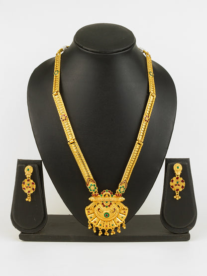 Aadita Gold Plated Traditional South Indian Long Necklace Set with Kemp Stones for Women