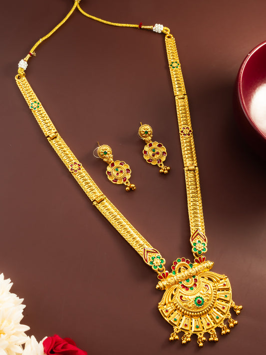 Aadita Gold Plated Traditional South Indian Long Necklace Set with Kemp Stones for Women