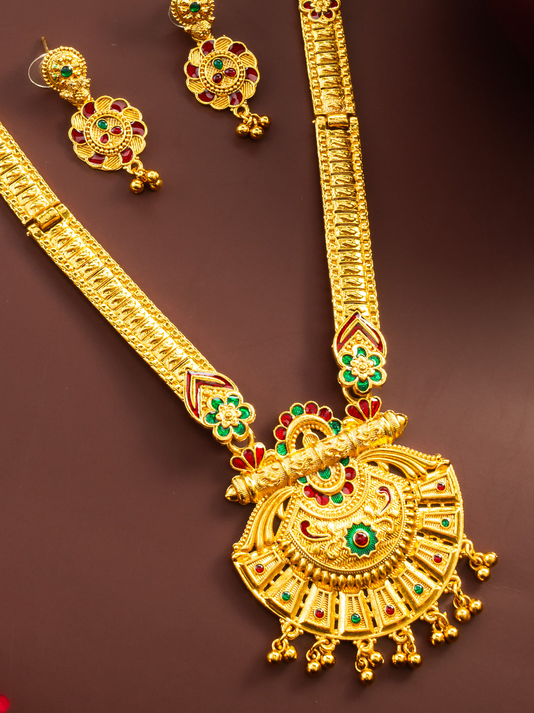 Gold Plated Traditional South Indian Long Necklace Set with Kemp Stones