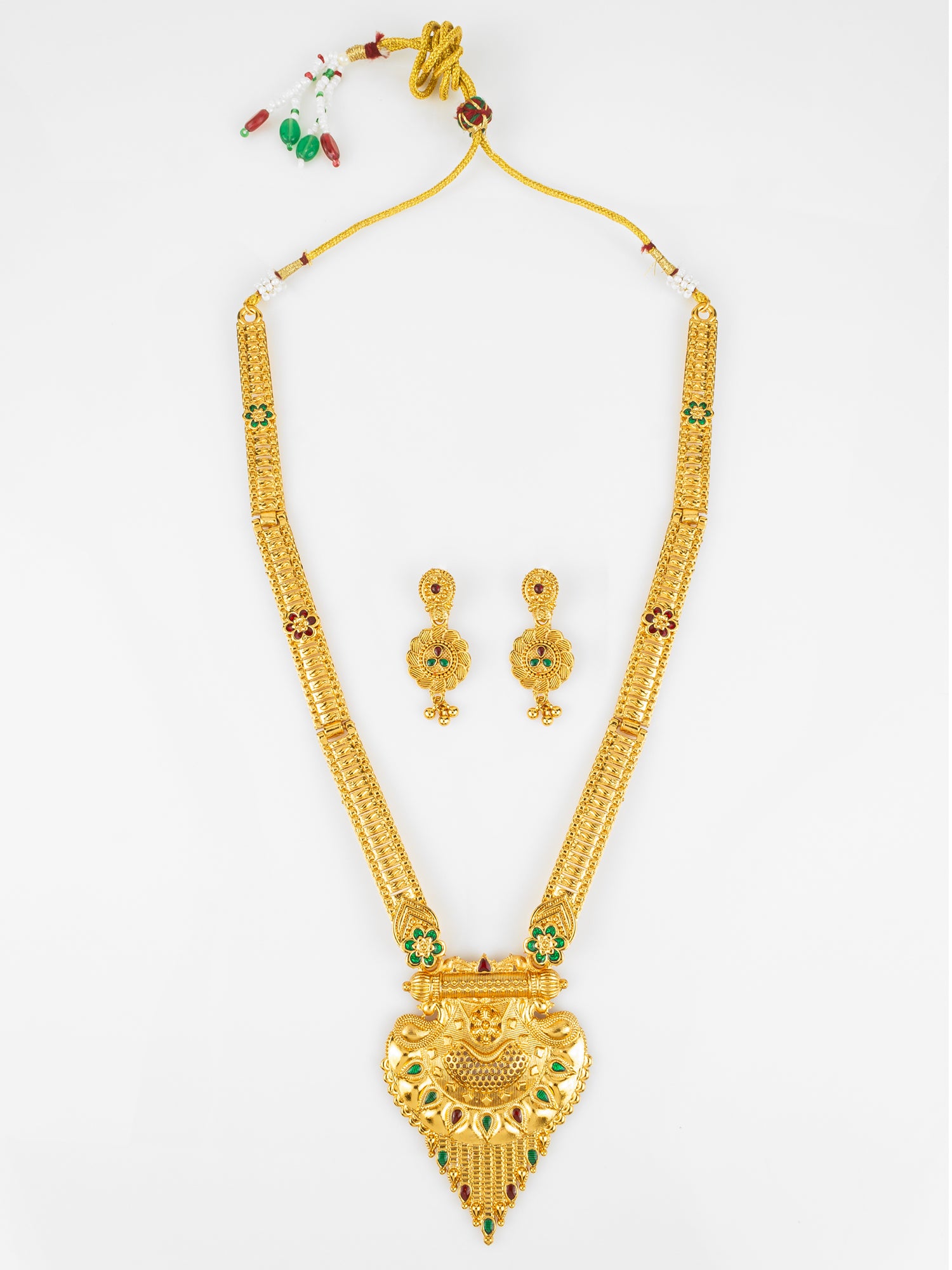 Aadita Gold Plated Traditional South Indian Long Necklace Set with Kemp Stones for Women