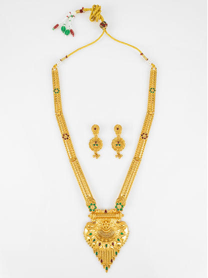 Aadita Gold Plated Traditional South Indian Long Necklace Set with Kemp Stones for Women
