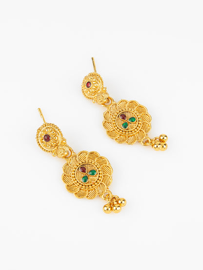 Aadita Gold Plated Traditional South Indian Long Necklace Set with Kemp Stones for Women