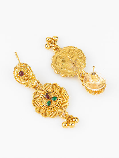 Aadita Gold Plated Traditional South Indian Long Necklace Set with Kemp Stones for Women
