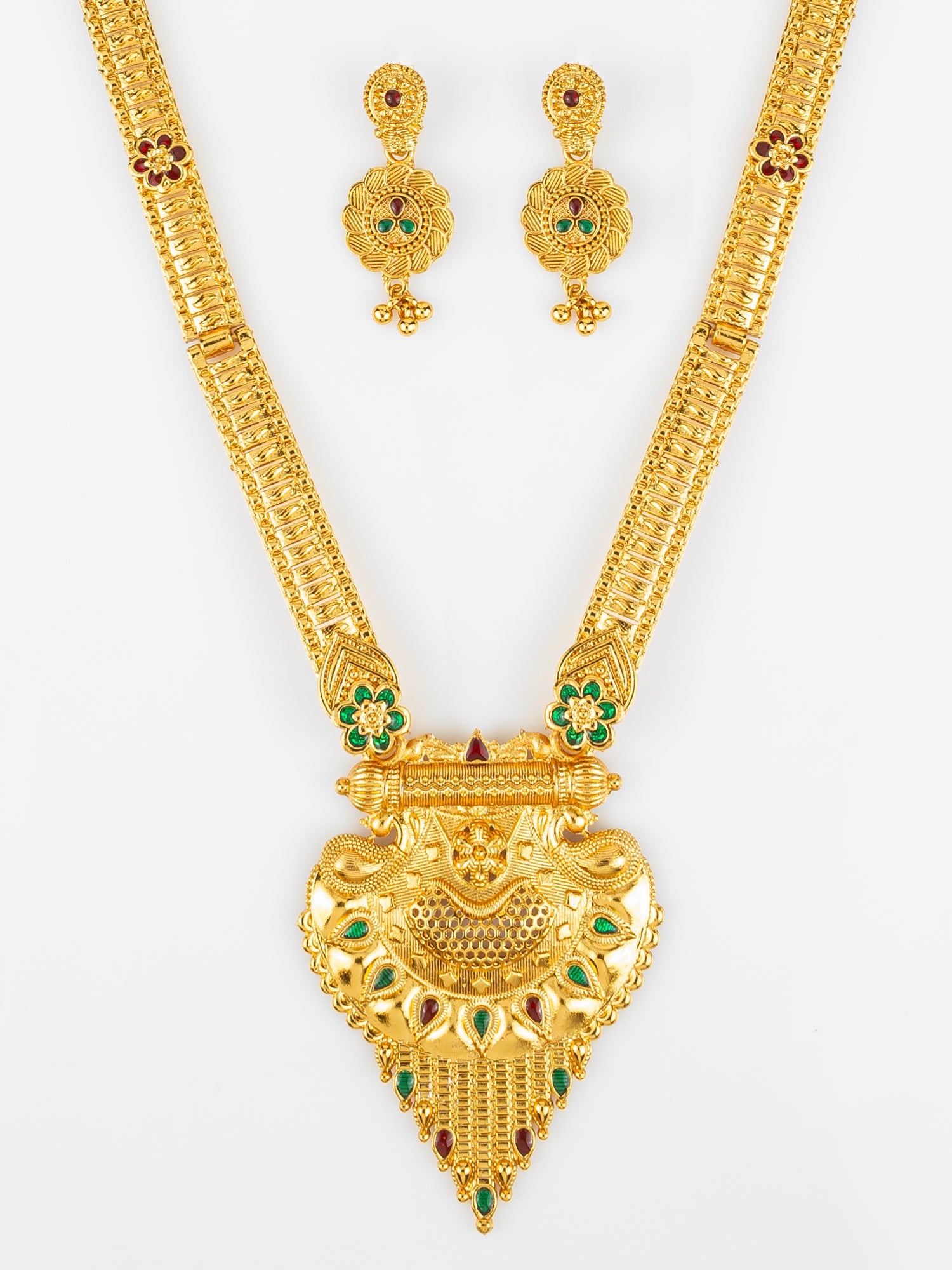Aadita Gold Plated Traditional South Indian Long Necklace Set with Kemp Stones for Women