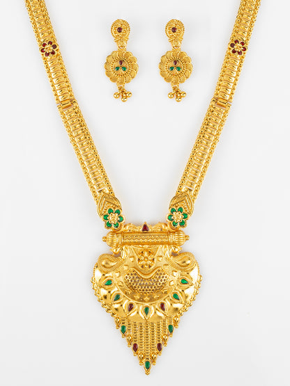 Aadita Gold Plated Traditional South Indian Long Necklace Set with Kemp Stones for Women