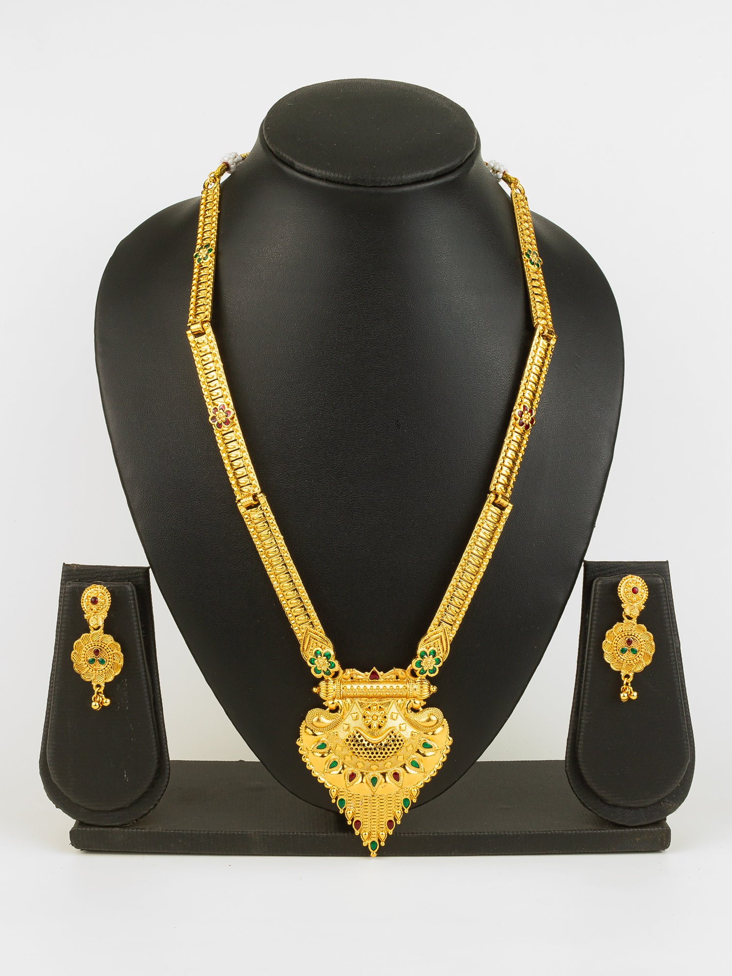 Aadita Gold Plated Traditional South Indian Long Necklace Set with Kemp Stones for Women