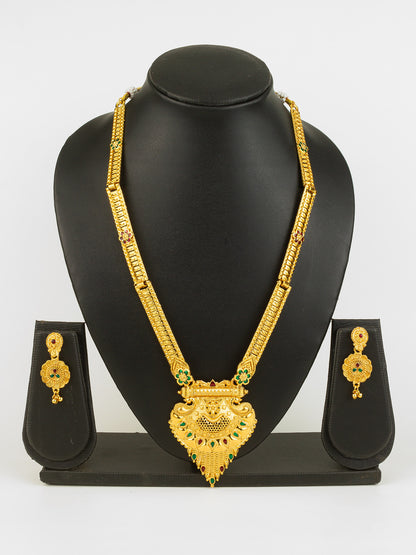 Aadita Gold Plated Traditional South Indian Long Necklace Set with Kemp Stones for Women