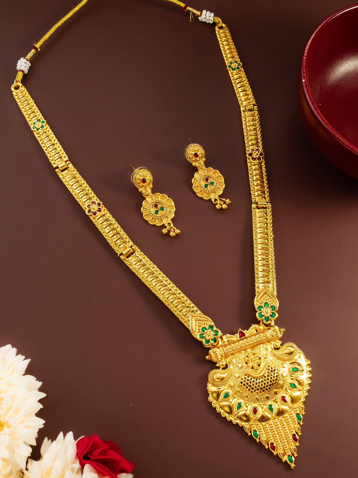 Aadita Gold Plated Traditional South Indian Long Necklace Set with Kemp Stones for Women