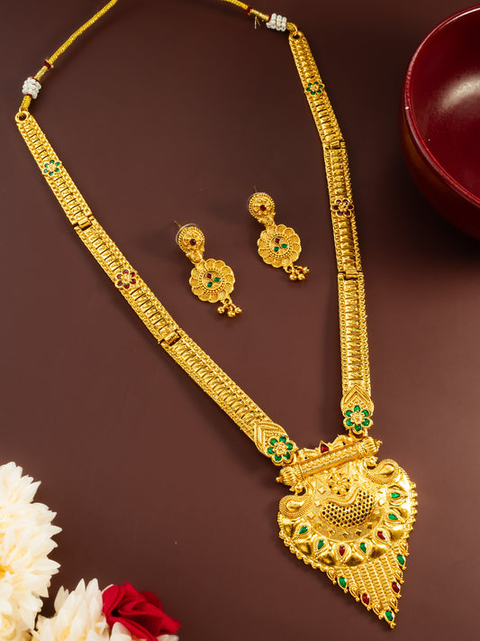 Aadita Gold Plated Traditional South Indian Long Necklace Set with Kemp Stones for Women