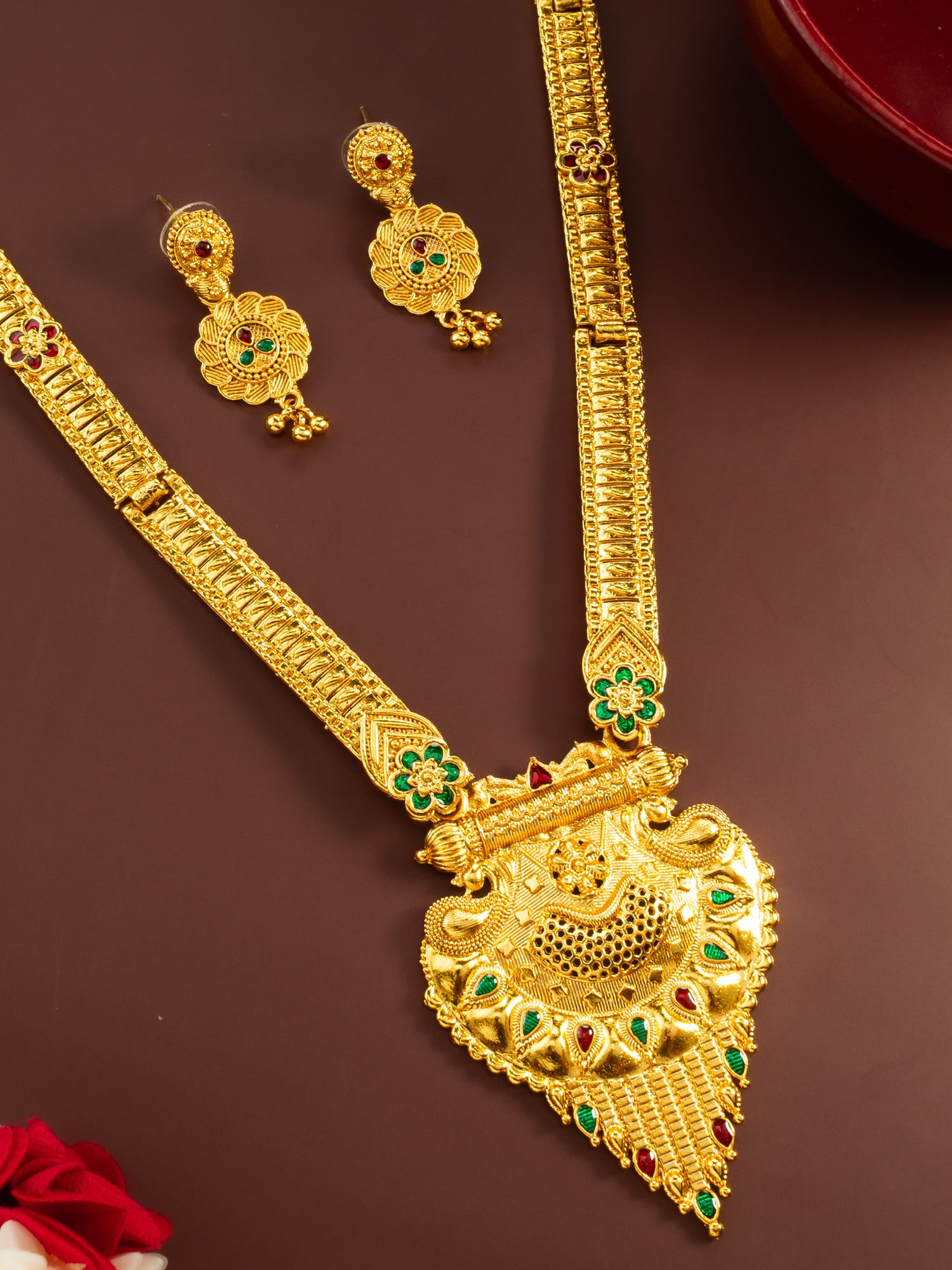 Aadita Gold Plated Traditional South Indian Long Necklace Set with Kemp Stones for Women