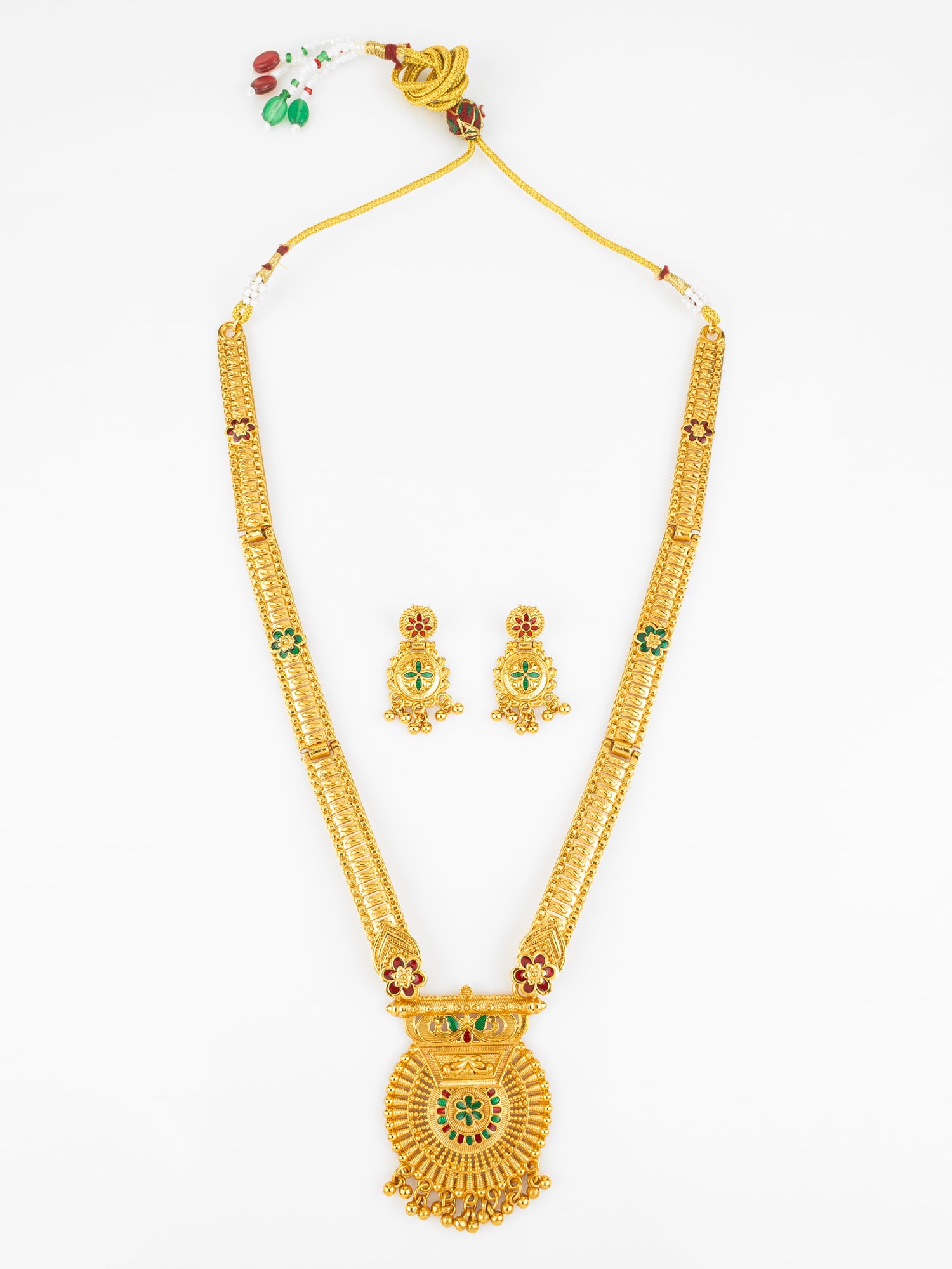 Aadita Gold Plated Traditional South Indian Long Necklace Set with Kemp Stones for Women