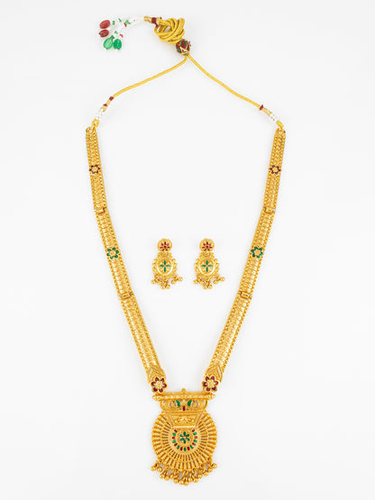 Aadita Gold Plated Traditional South Indian Long Necklace Set with Kemp Stones for Women