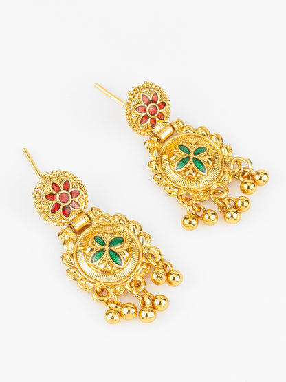Aadita Gold Plated Traditional South Indian Long Necklace Set with Kemp Stones for Women