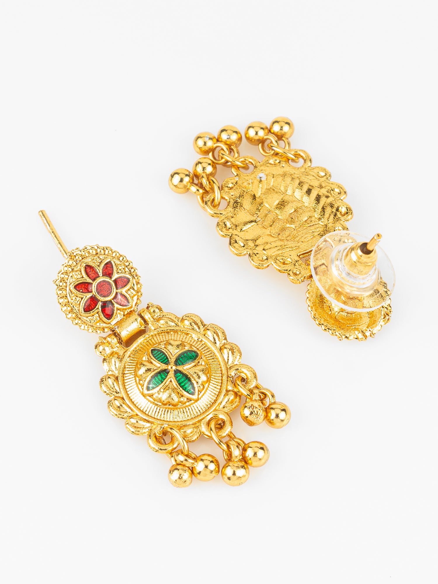 Aadita Gold Plated Traditional South Indian Long Necklace Set with Kemp Stones for Women