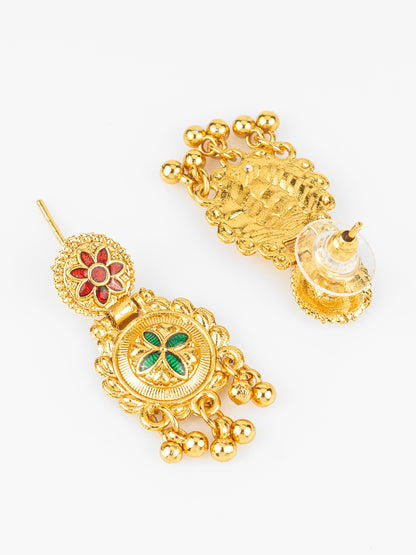 Aadita Gold Plated Traditional South Indian Long Necklace Set with Kemp Stones for Women