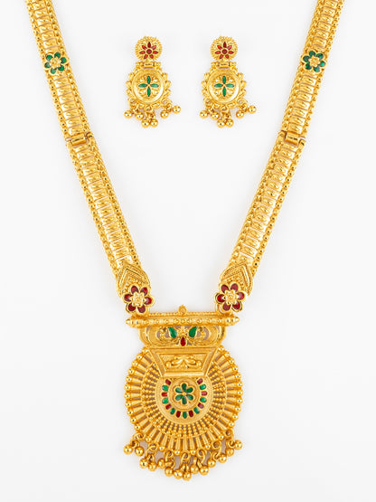 Aadita Gold Plated Traditional South Indian Long Necklace Set with Kemp Stones for Women